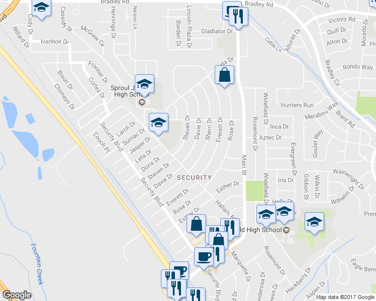 map of restaurants, bars, coffee shops, grocery stores, and more near 216 Davie Drive in Colorado Springs