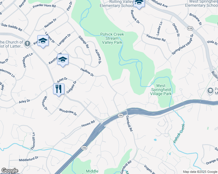 map of restaurants, bars, coffee shops, grocery stores, and more near 7223 Hadlow Drive in Springfield