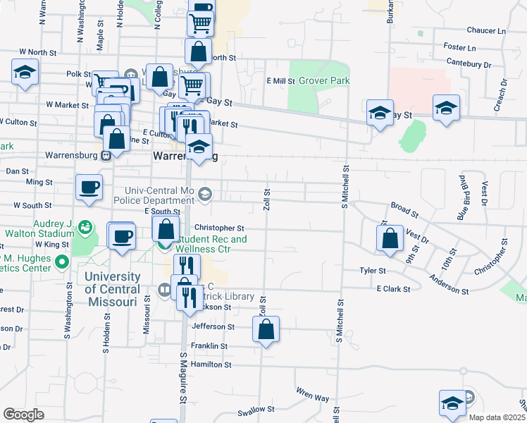 map of restaurants, bars, coffee shops, grocery stores, and more near 420 Broad Street in Warrensburg