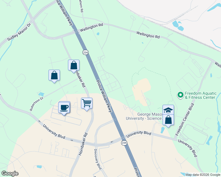 map of restaurants, bars, coffee shops, grocery stores, and more near 8658 Lovelace Street in Manassas