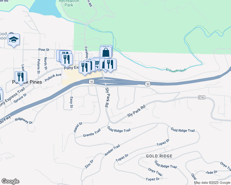 map of restaurants, bars, coffee shops, grocery stores, and more near 3062 Castlewood Circle in Pollock Pines