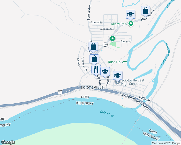 map of restaurants, bars, coffee shops, grocery stores, and more near 5412 Winchester Avenue in Portsmouth