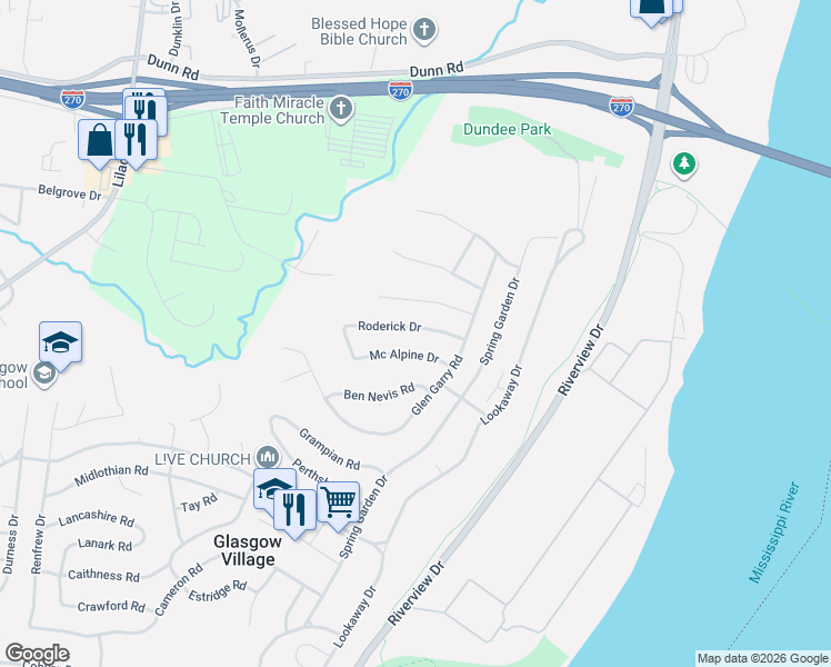 map of restaurants, bars, coffee shops, grocery stores, and more near 138 Roderick Drive in St. Louis