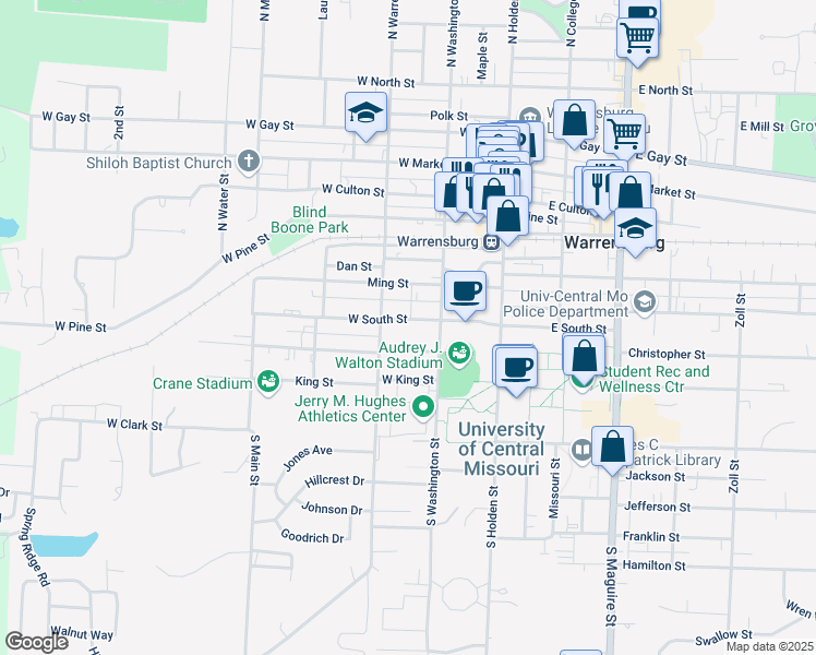 map of restaurants, bars, coffee shops, grocery stores, and more near 210 West South Street in Warrensburg