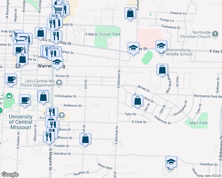 map of restaurants, bars, coffee shops, grocery stores, and more near 614 Broad Street in Warrensburg