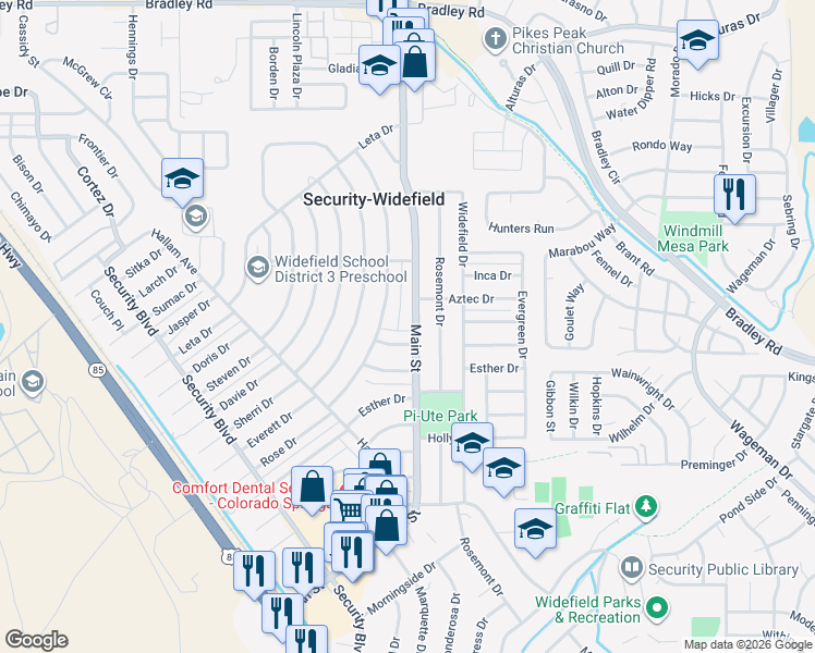 map of restaurants, bars, coffee shops, grocery stores, and more near 1204 Main Street in Colorado Springs