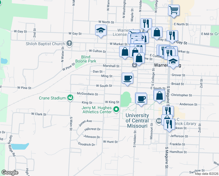 map of restaurants, bars, coffee shops, grocery stores, and more near 210 West South Street in Warrensburg