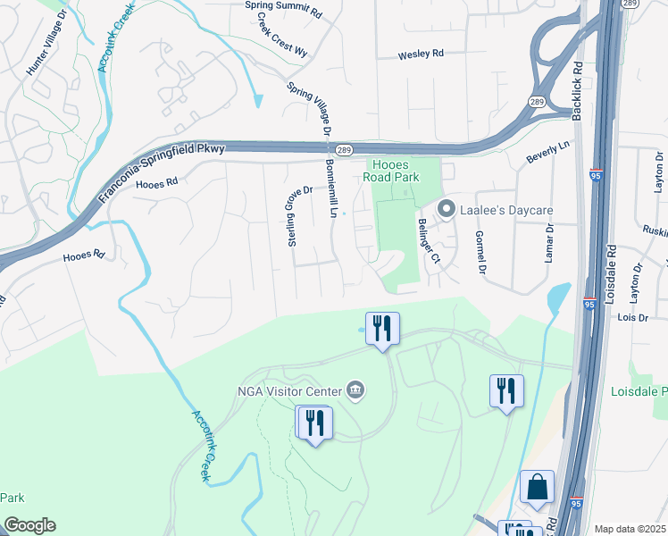 map of restaurants, bars, coffee shops, grocery stores, and more near 7401 Loughboro Lane in Springfield