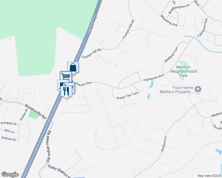map of restaurants, bars, coffee shops, grocery stores, and more near 11901 Green Tee Turn in Upper Marlboro