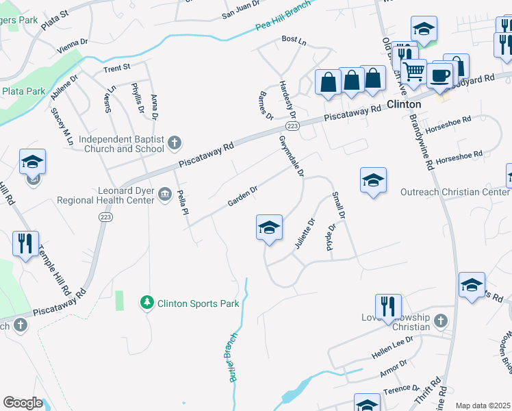 map of restaurants, bars, coffee shops, grocery stores, and more near 9405 Garden Circle in Clinton