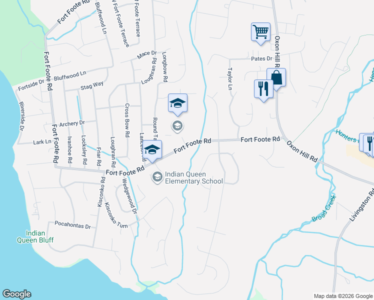 map of restaurants, bars, coffee shops, grocery stores, and more near 9573 Fort Foote Road in Fort Washington