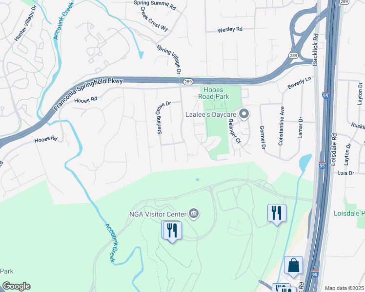 map of restaurants, bars, coffee shops, grocery stores, and more near 7401 Loughboro Lane in Springfield
