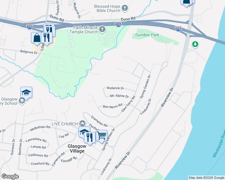 map of restaurants, bars, coffee shops, grocery stores, and more near 224 Roderick Drive in St. Louis