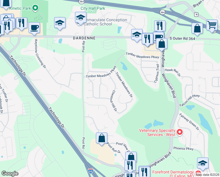 map of restaurants, bars, coffee shops, grocery stores, and more near 321 Copper Tree Court in O'Fallon