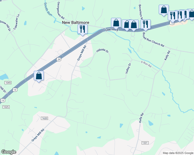 map of restaurants, bars, coffee shops, grocery stores, and more near 5227 Hillside Drive in Warrenton