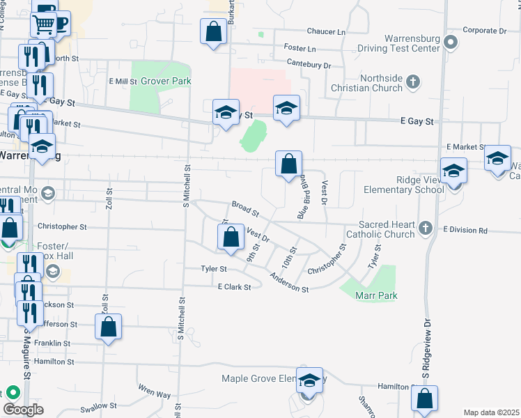 map of restaurants, bars, coffee shops, grocery stores, and more near 821 Broad Street in Warrensburg
