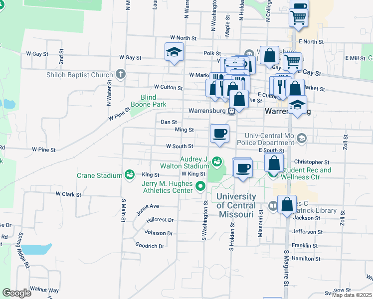 map of restaurants, bars, coffee shops, grocery stores, and more near 300 West South Street in Warrensburg