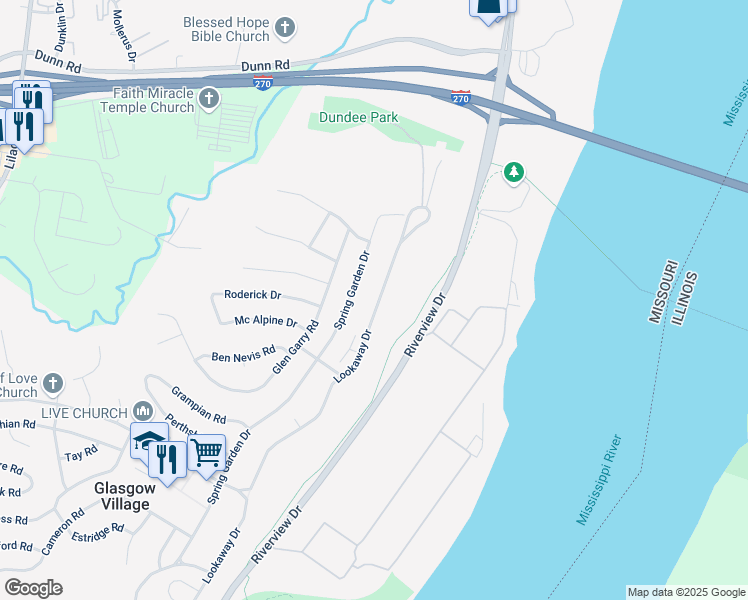 map of restaurants, bars, coffee shops, grocery stores, and more near 10771 Lookaway Drive in St. Louis