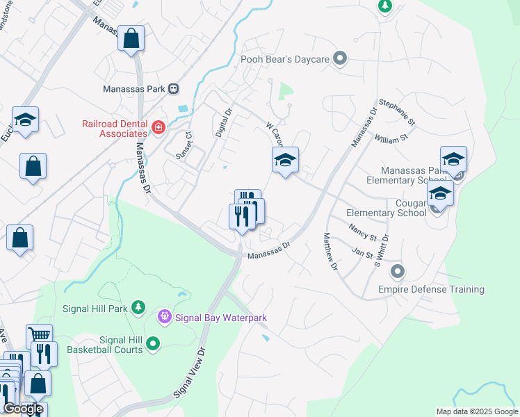 map of restaurants, bars, coffee shops, grocery stores, and more near 9217 Jessica Drive in Manassas Park