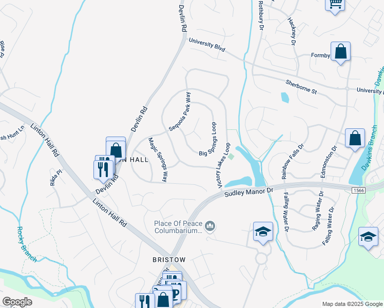 map of restaurants, bars, coffee shops, grocery stores, and more near 9205 Big Springs Loop in Bristow