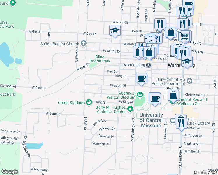 map of restaurants, bars, coffee shops, grocery stores, and more near 314 West South Street in Warrensburg
