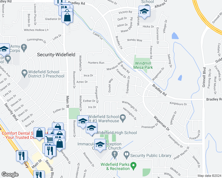 map of restaurants, bars, coffee shops, grocery stores, and more near 4945 Goulet Way in Colorado Springs