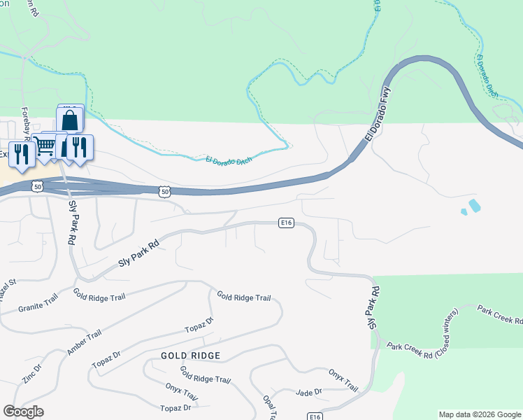 map of restaurants, bars, coffee shops, grocery stores, and more near 3401 Sly Park Road in Pollock Pines