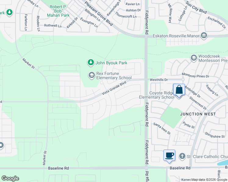 map of restaurants, bars, coffee shops, grocery stores, and more near 3065 Yorktown Drive in Roseville