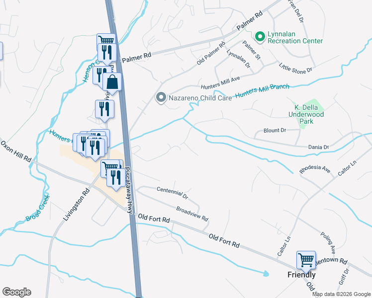 map of restaurants, bars, coffee shops, grocery stores, and more near 9303 Doreen Court in Fort Washington