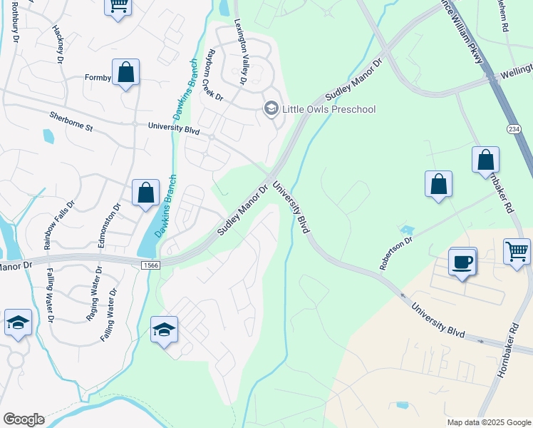 map of restaurants, bars, coffee shops, grocery stores, and more near 9086 Dawkins Drive in Bristow