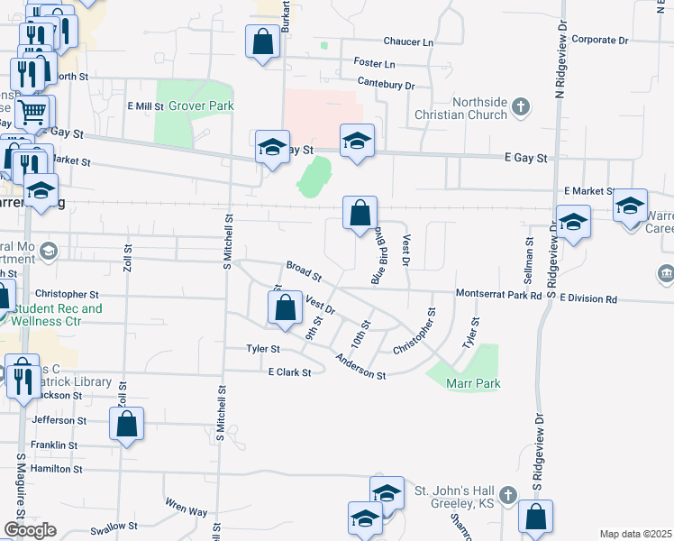 map of restaurants, bars, coffee shops, grocery stores, and more near 956 Ridge Drive in Warrensburg