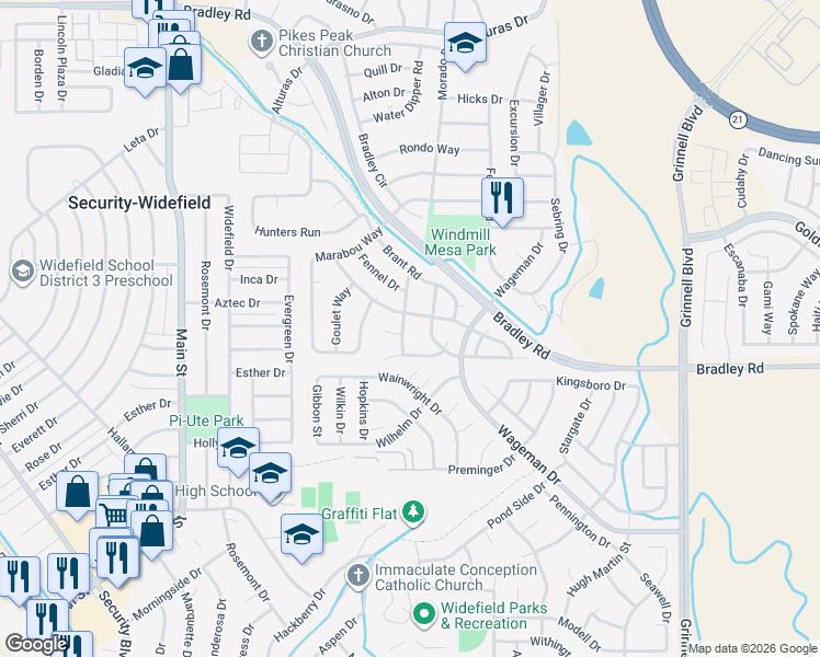 map of restaurants, bars, coffee shops, grocery stores, and more near 4819 Expedition Drive in Colorado Springs