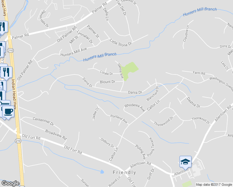 map of restaurants, bars, coffee shops, grocery stores, and more near 1717 Dania Drive in Fort Washington