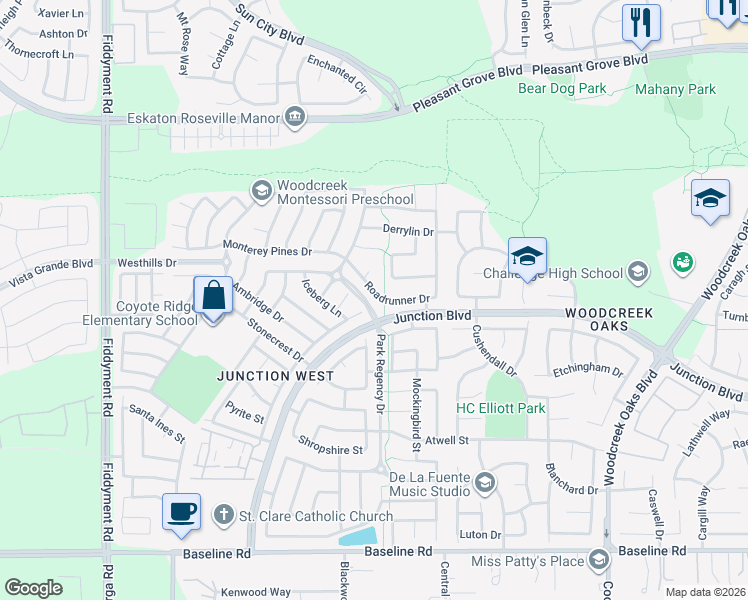 map of restaurants, bars, coffee shops, grocery stores, and more near 1700 Roadrunner Drive in Roseville