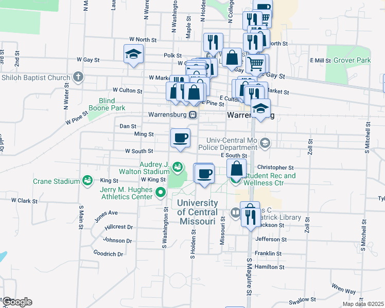 map of restaurants, bars, coffee shops, grocery stores, and more near 108 West South Street in Warrensburg