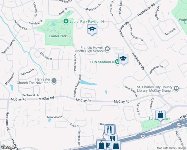 map of restaurants, bars, coffee shops, grocery stores, and more near 107 Park Valley Court in St. Peters