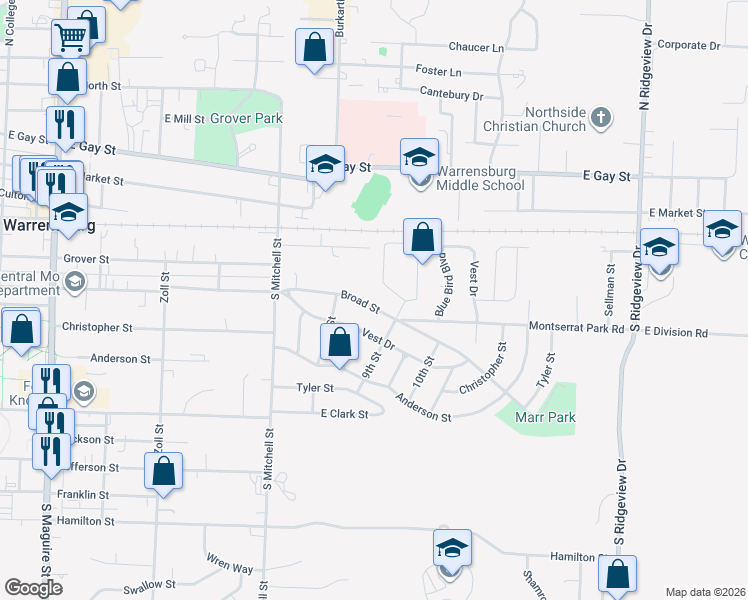 map of restaurants, bars, coffee shops, grocery stores, and more near 821 Broad Street in Warrensburg