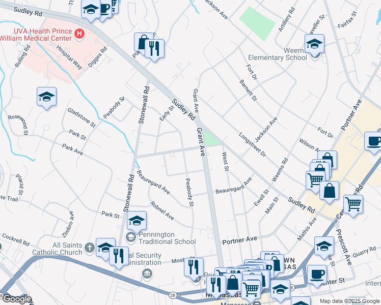 map of restaurants, bars, coffee shops, grocery stores, and more near 9305 Stuart Avenue in Manassas