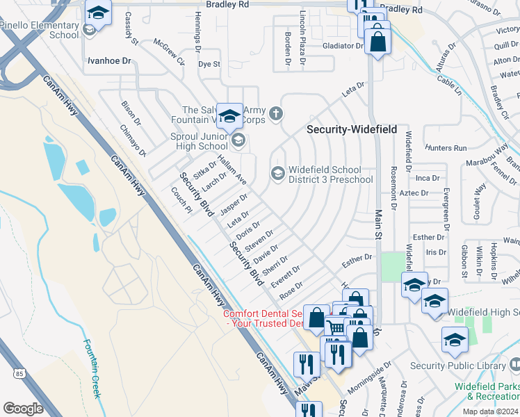 map of restaurants, bars, coffee shops, grocery stores, and more near 145 Leta Drive in Colorado Springs