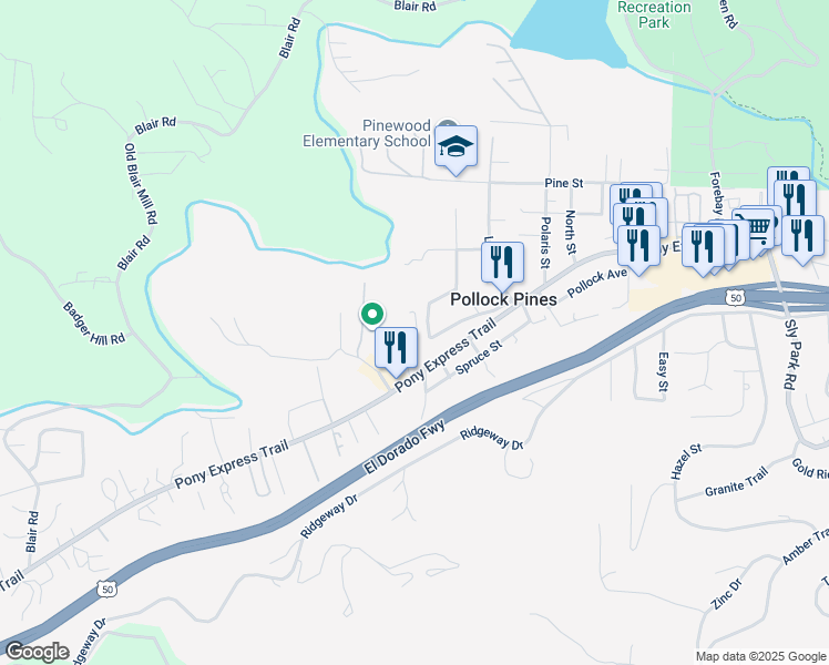 map of restaurants, bars, coffee shops, grocery stores, and more near 6165 Pony Express Trail in Pollock Pines