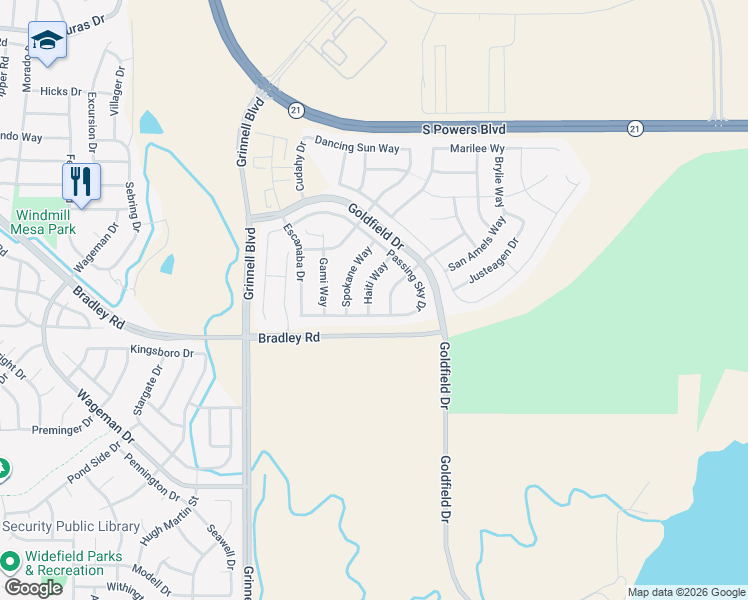 map of restaurants, bars, coffee shops, grocery stores, and more near 4957 Haiti Way in Colorado Springs