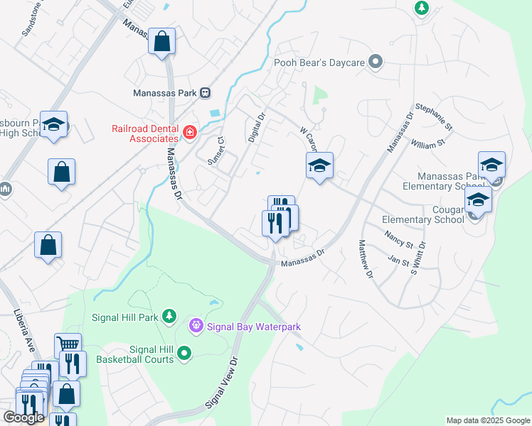 map of restaurants, bars, coffee shops, grocery stores, and more near 9206 Andrew Drive in Manassas