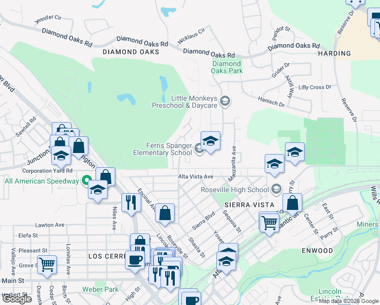 map of restaurants, bars, coffee shops, grocery stores, and more near 616 Shasta Oaks Circle in Roseville