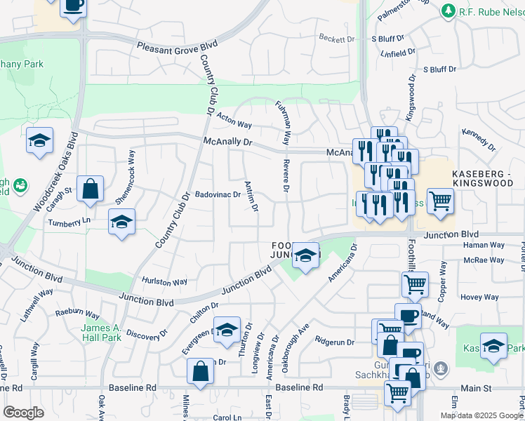 map of restaurants, bars, coffee shops, grocery stores, and more near 1406 Everett Way in Roseville