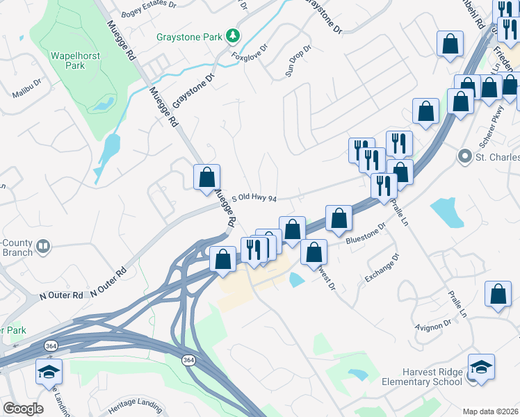 map of restaurants, bars, coffee shops, grocery stores, and more near 2206 Harvester Road in Saint Charles