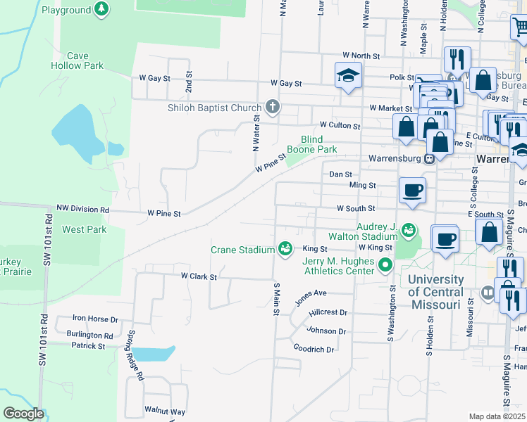 map of restaurants, bars, coffee shops, grocery stores, and more near 501-599 McGoodwin Street in Warrensburg