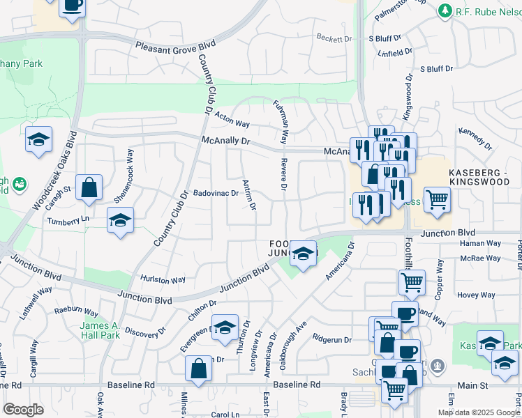 map of restaurants, bars, coffee shops, grocery stores, and more near 1406 Everett Way in Roseville