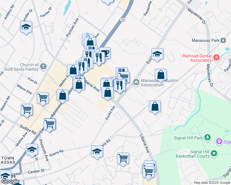 map of restaurants, bars, coffee shops, grocery stores, and more near 9073 Liberia Avenue in Manassas
