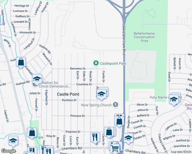 map of restaurants, bars, coffee shops, grocery stores, and more near 10425 Prince Drive in St. Louis