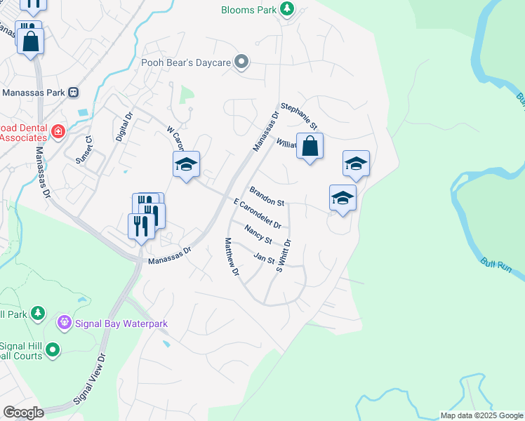 map of restaurants, bars, coffee shops, grocery stores, and more near 9307 East Carondelet Drive in Manassas Park